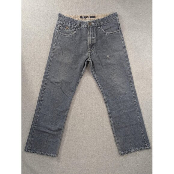 Basic Code Jeans Mens 36x32 Blue Denim Straight Leg Distressed Frayed Hem BSCD - Picture 1 of 14